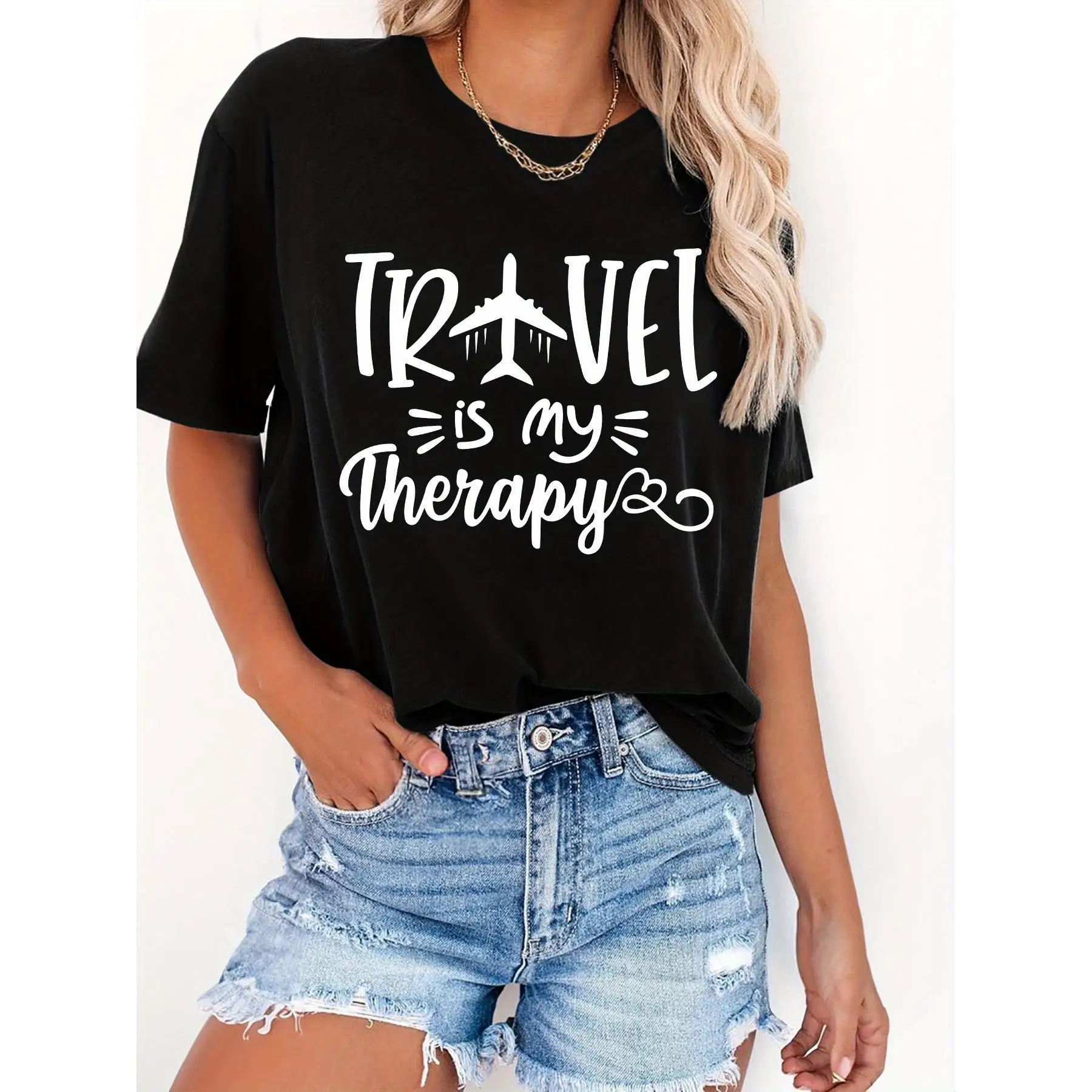 

"Travel Is My Therapy" T-Shirt for Women Airplane Graphic Wanderlust Slogan Casual Vacation Oufit Oversized Tee