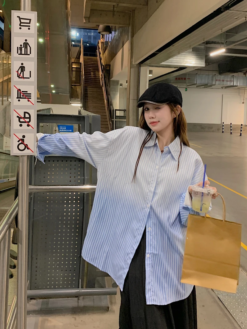 

Korean Style Gradient Blue Striped Shirt Women's Autumn Winter Inner Wear Base Layer Top Small Size Poloshirt Commute Style