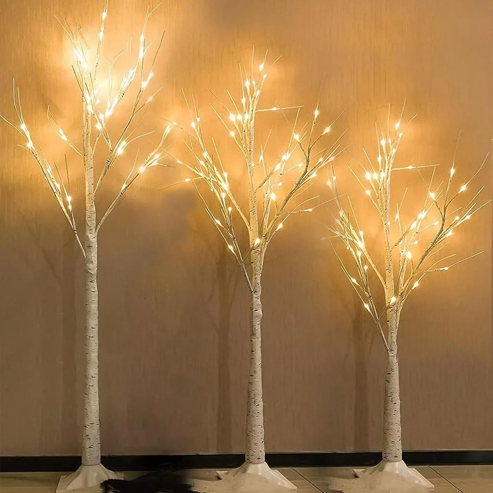 Set of 3 Lighted Birch Tree, 144 LED Christmas Decorations Yard Garden Home Bedroom Party, Timer Function Birch Christmas Tree