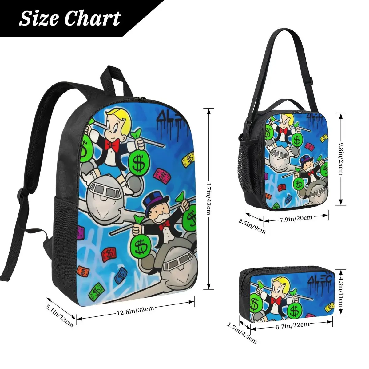 3Pcs Alec Monopolys merch Backpack Set for Children Pencil Boxes Bookbag Sets with Lunch Box For School Students Knapsack