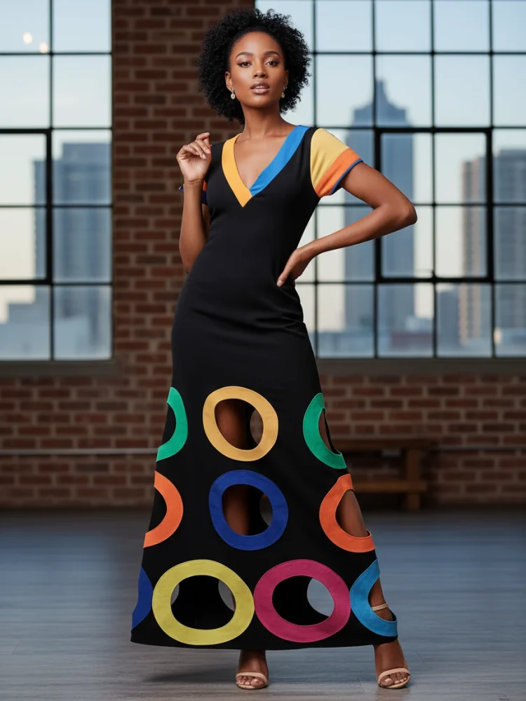 Freeacy Abito da donna slim fit con scollo a V a maniche corte Colore a contrasto Scavato A-line Colorblock e Ritagli geometrici Abiti da festa