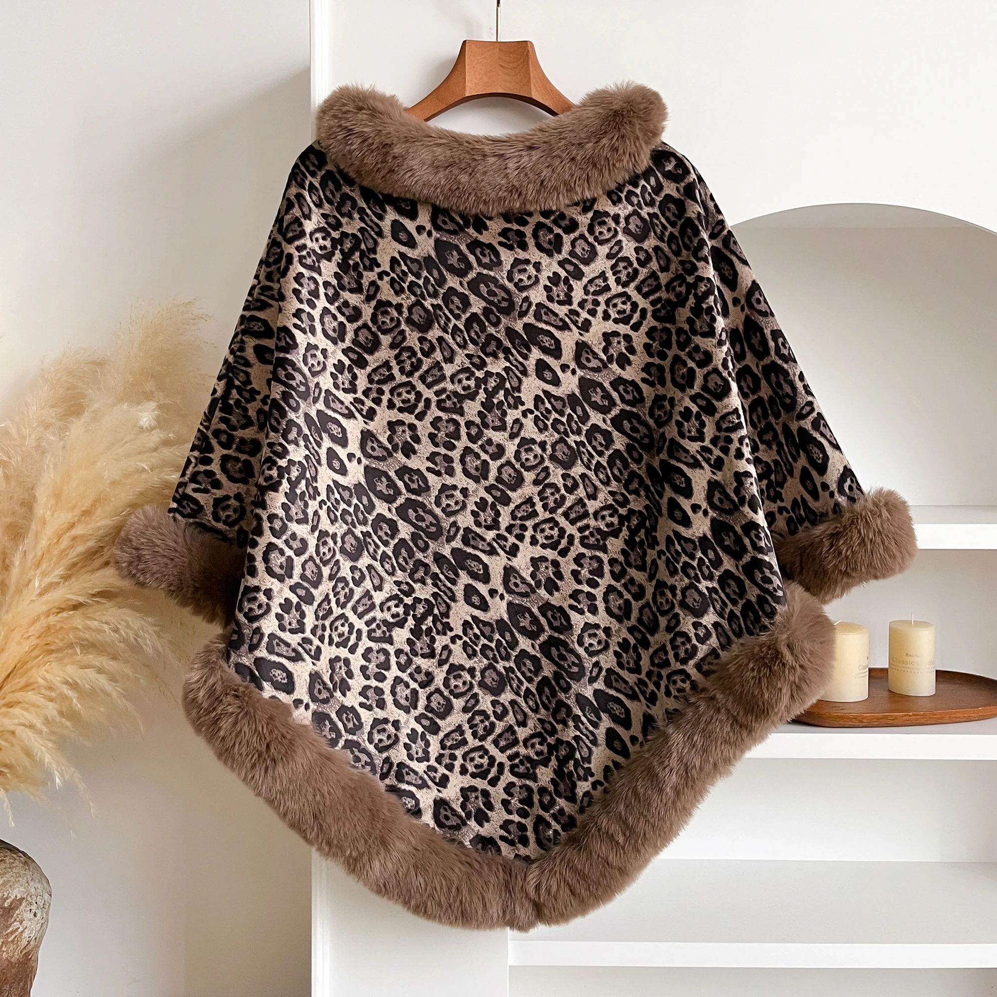 Leopard Print Faux Rabbit Fur Poncho Coat for Women Thick Warm Fluffy Lining Pullover Cape Winter Fashion Wrap Shawl view 5
