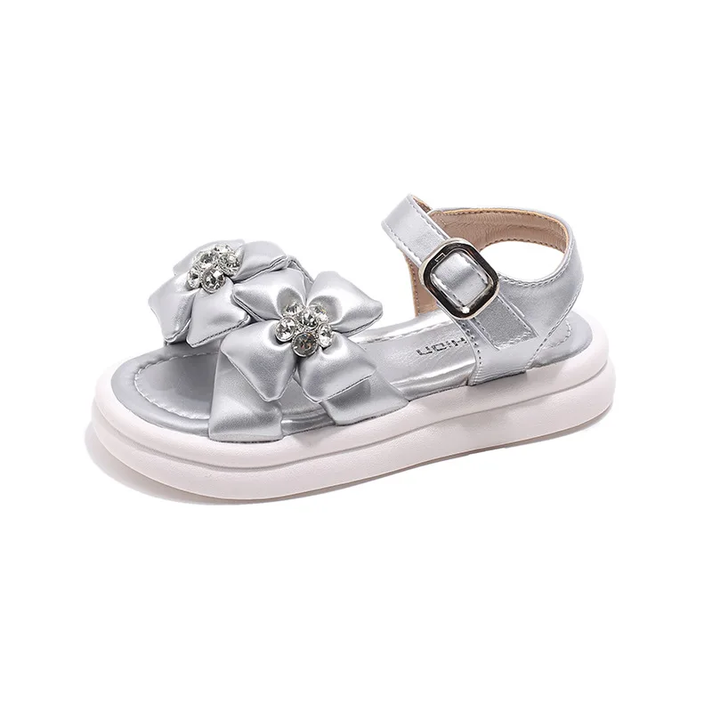 2024 Summer Children Sandals for Girls Fashion Comfortable Sweet Flowers Rhinestone Soft Sole Non-slip Princess Leather Shoes