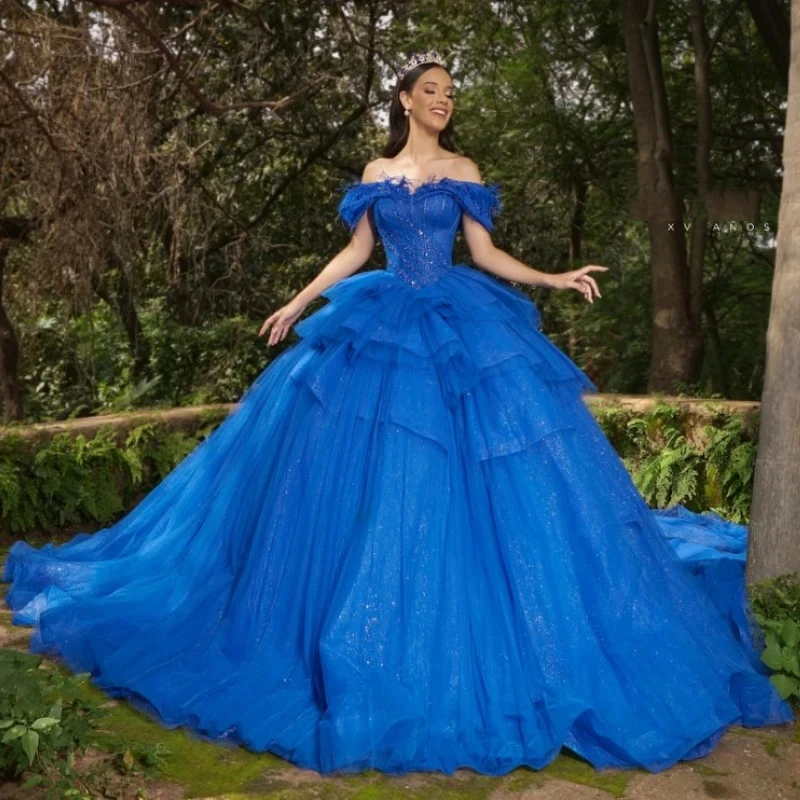 

Blue Shiny Vestidos De 15 Años Tulle Quinceanera Dress 2024 Sweet 16 Birthday Party Gown Sweetheart Princess Pageant