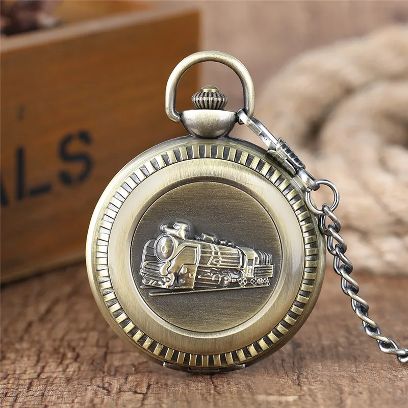 Old Fashion Large Size Clock Locomotive Railway Train Pattern Unisex Quartz Analog Pocket Watch Pendant Necklace Chain Reloj