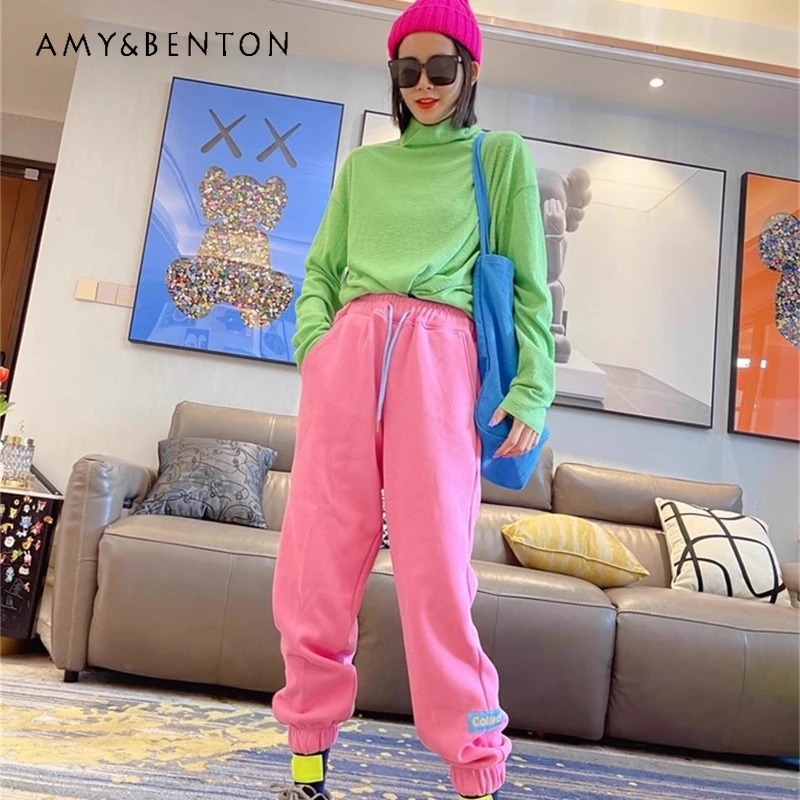 Winter losse pasvorm veelzijdige jogger hoge taille afslankende lange broek puur katoen fleece gevoerde verdikte trekkoord sport joggingbroek