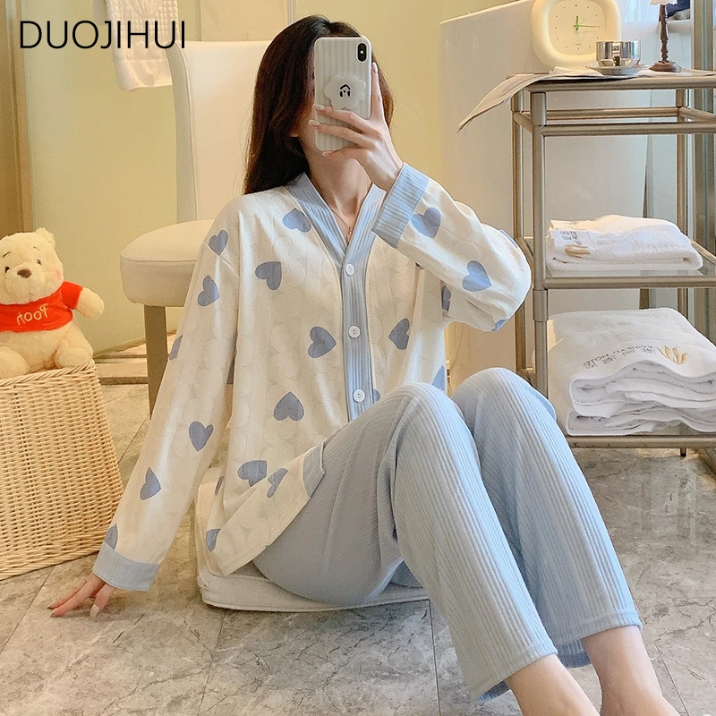 DUOJIHUI Autumn Two Piece Sweet Simple Female Pajamas Set V-neck Cardigan Basic Loose Pant Fashion Casual Home Pajamas for Women