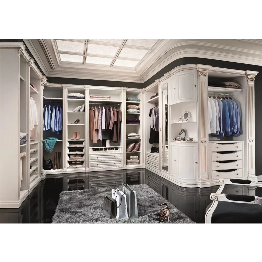 High End Antique Style Luxury Walk in Closet Design Wooden Solid Wood Wardrobe Cabinet