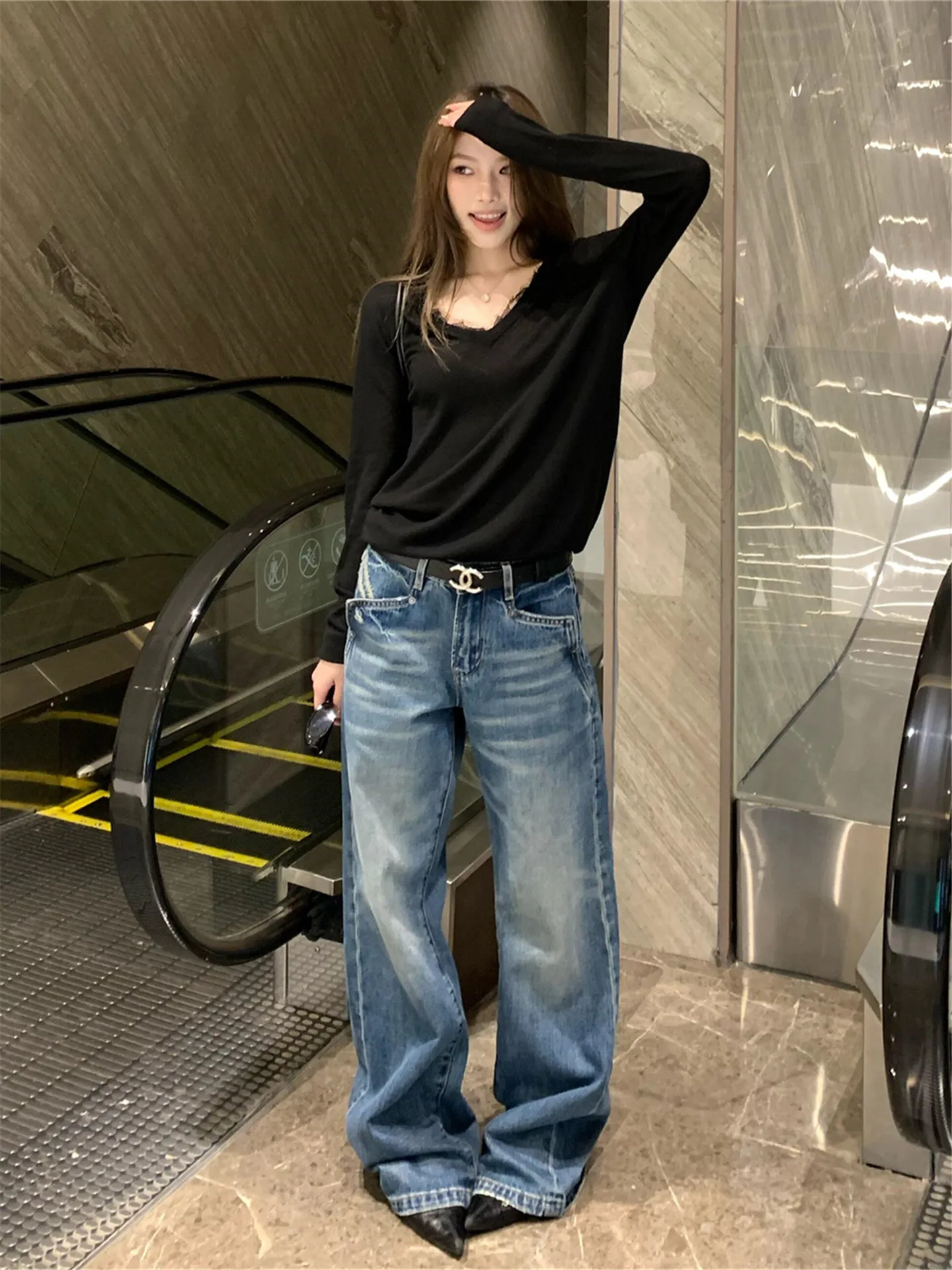 

American Style Vintage Low Waist Straight Leg Jeans Women's Spring Summer Loose Slimming Design Wide Leg Pants