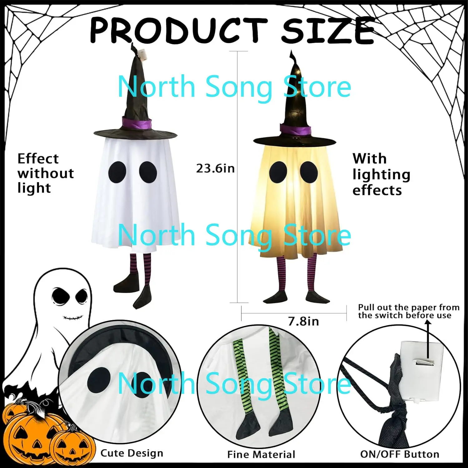 Set of 3 Halloween Hanging Ghosts, Halloween Decorations Outdoor Hanging Ghosts with Witch Hat,Glowing Ghost Witch Hat Lights