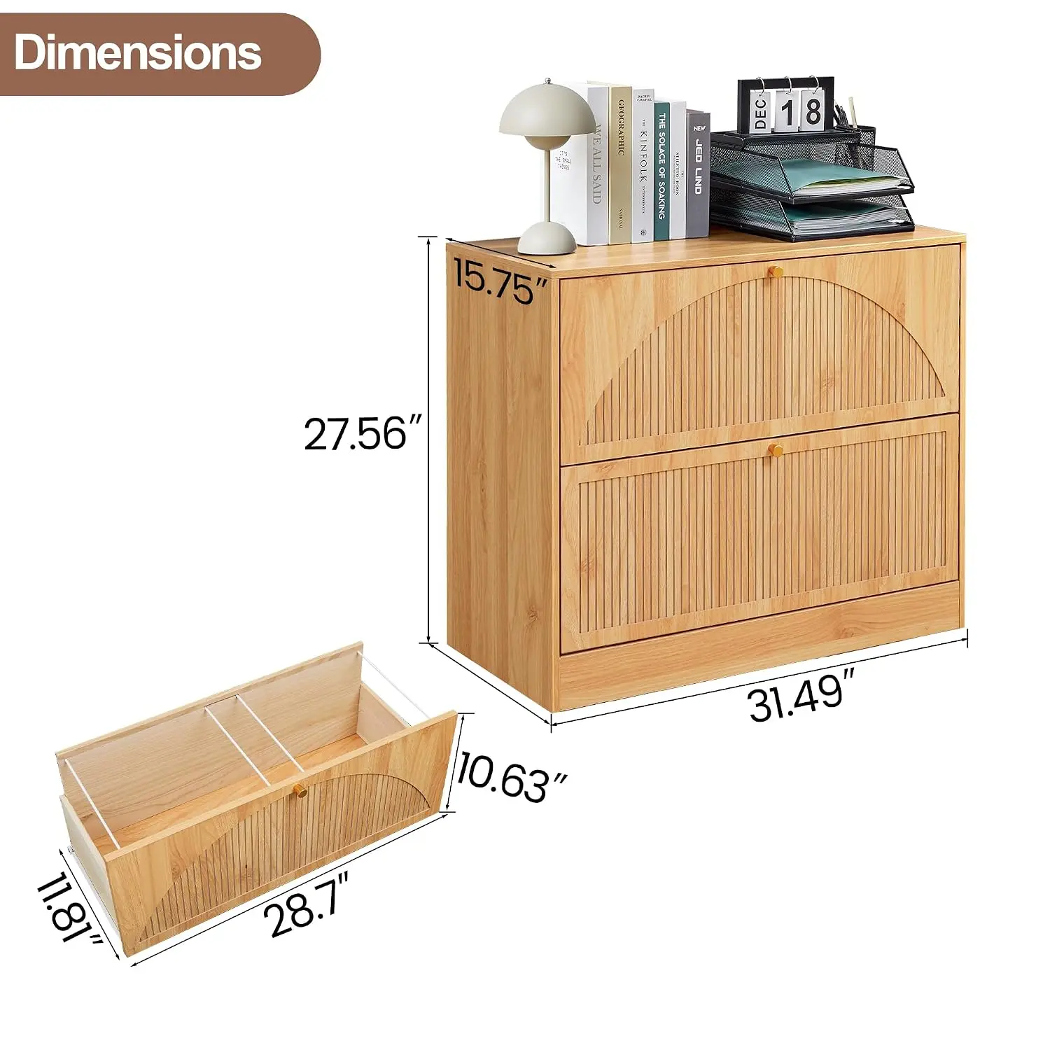 Fluted 2 Drawer Lateral File Cabinet Office Storage Wood Metal, Customized