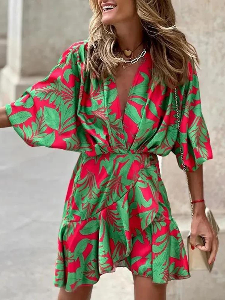 Casual Print Beach Women Sundress Fashion Ruffl V Neck Half Sleeve Irregular Mini Dress For Woman 2022 Autumn Bat Sleeve Clothes