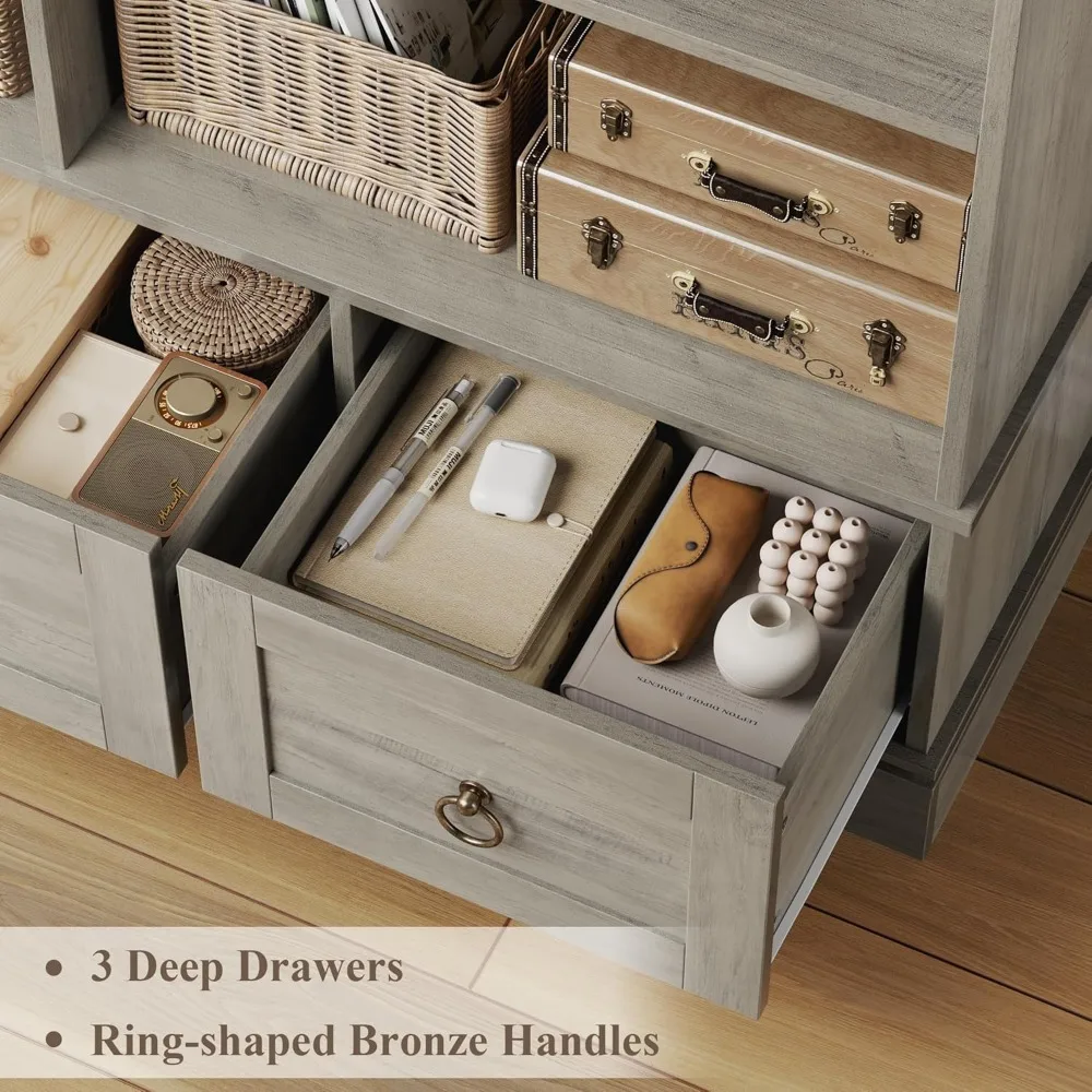 Estante larga de 47 polegadas com gavetas, estante de armazenamento de 5 camadas, grandes prateleiras de exibição, 63 polegadas