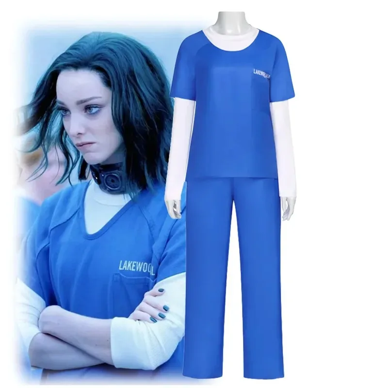 

Adult Green Hair Girl Emma Polaris Cosplay Costume Blue Prison Uniform Pant Set Wig Halloween The Gifted Outfit for Cool Woman