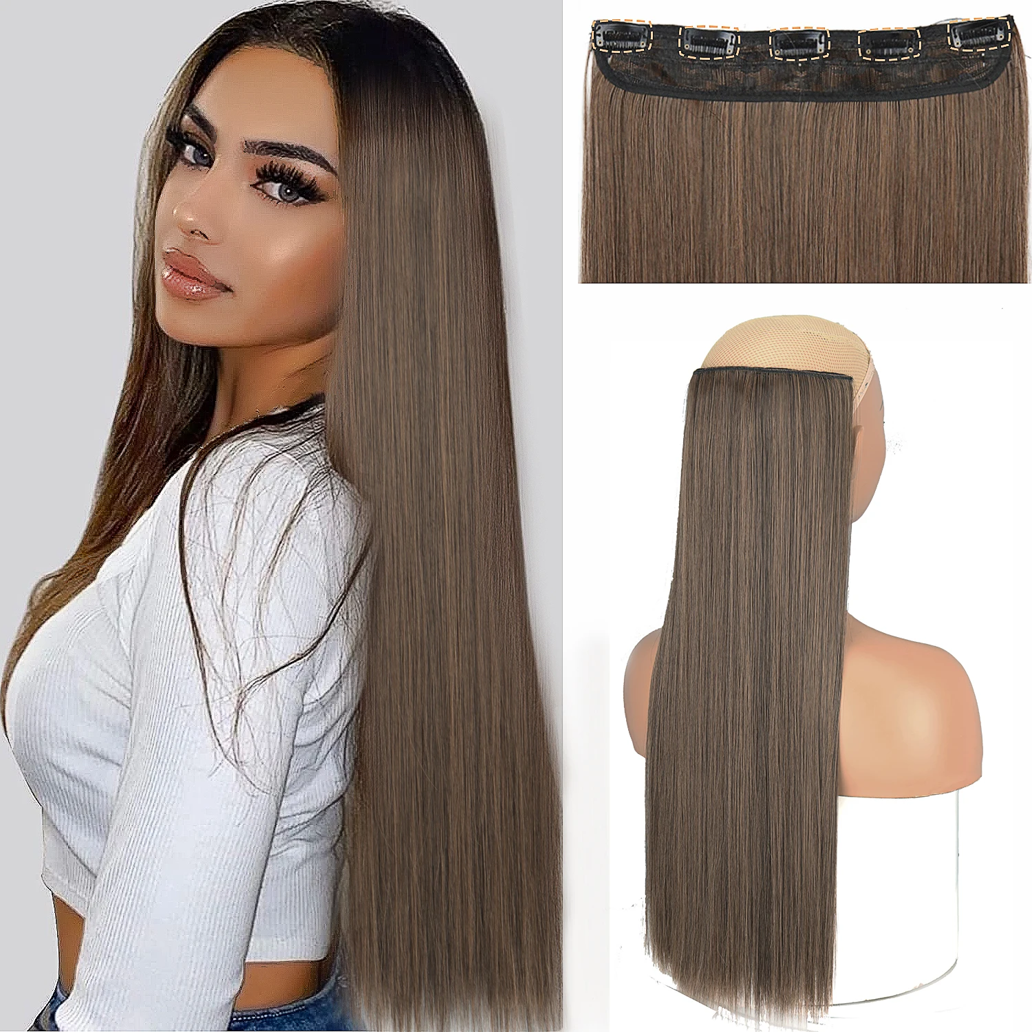 Long Straight Hairstyle 5 Clip Natural Hair Extension Synthetic Fiber Heat-Resistant Hairpiece 22\