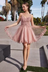 Tulle Spaghetti Straps V-neck Homecoming Dresses for Teens Sparkly Sequins Appliques Formal Party A-line Short Graduation Gowns