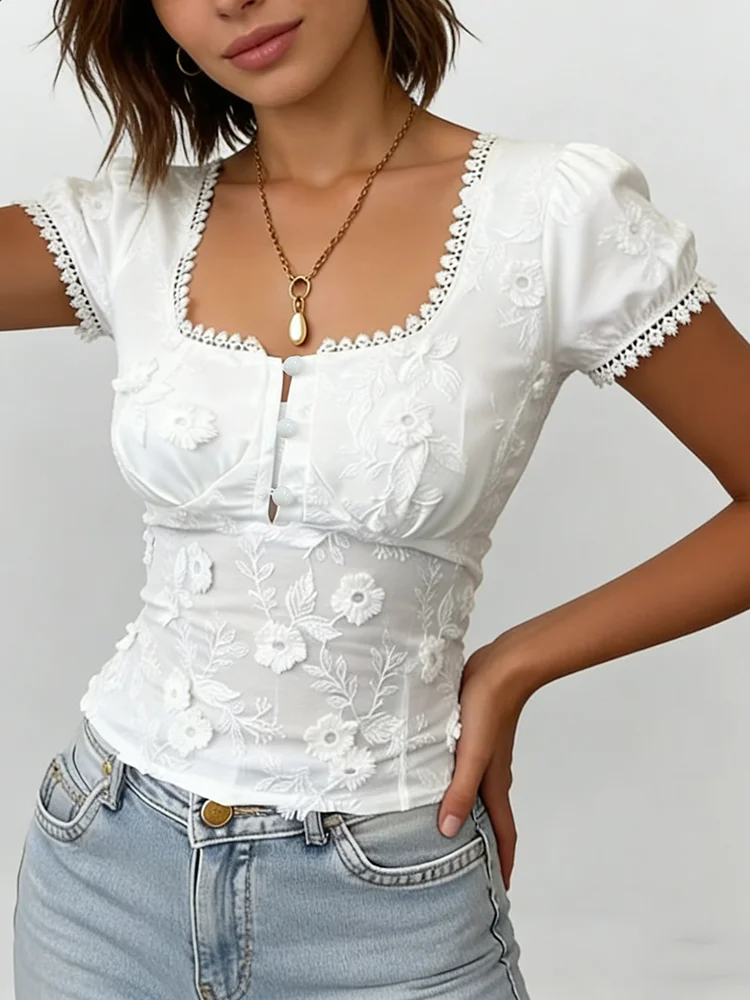 Fashionable and charming lace-trimmed hollow-out short-sleeve top, square-neck slim-fit versatile short-sleeve shirt, women's clothing