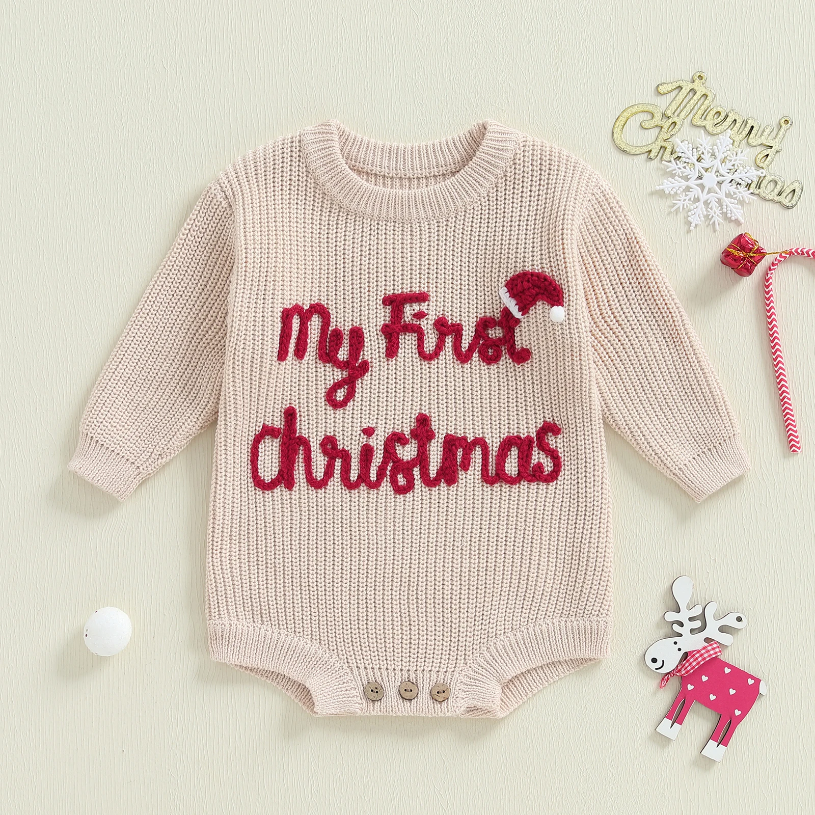 

VISgogo Infant Baby Boy Girl Rompers Christmas Long Sleeve Knitted Crew Neck Jumpsuit with Letters Embroidery