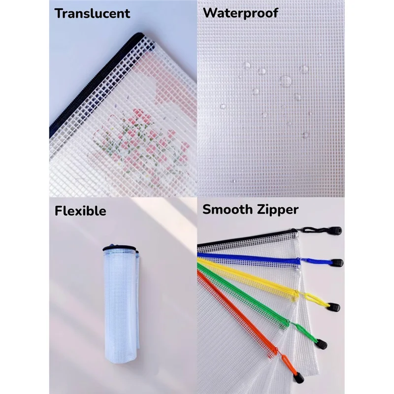 20Pcs Mesh Zipper Pouch, Waterproof Zipper File Bag, A4, Suitable for Storage of Office Supplies, Cosmetics, Stationery