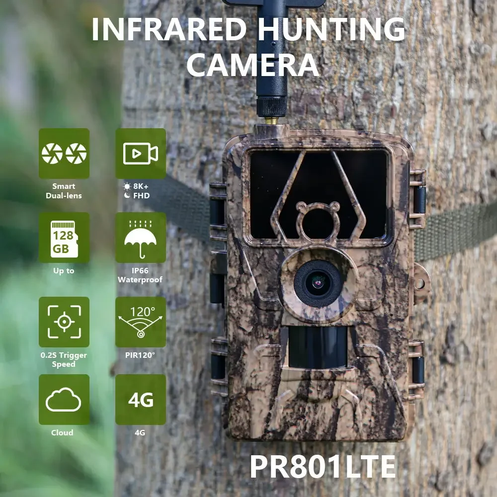 Pr801 4G Network Observation Hunting Camera House Safety Outdoor IP66 Waterproof Infrared Trigger Photo Video Recorder WiFi APP