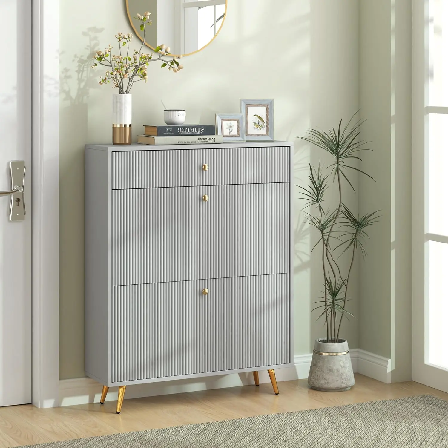 Narrow Shoe Cabinet for Entryway, Modern Shoe Storage Cabinet with Wave-like Panels, 2 Flip Drawers and Adjustable