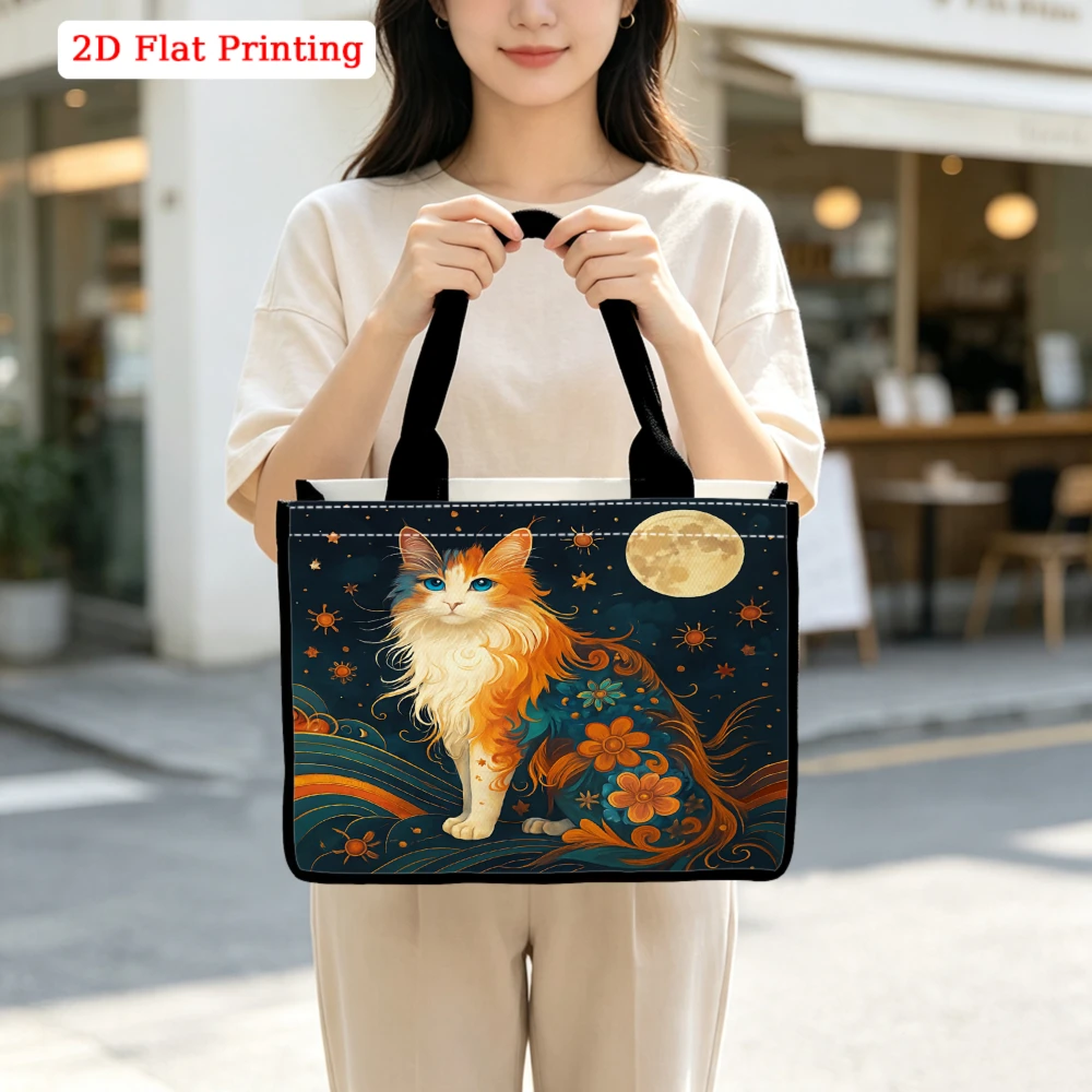 Enchanted Mythical Longhair Cat Moon Star Floral Wave Print Large Tote Bag, Oriental Fantasy Art Aesthetic Handbag for Cat Lover