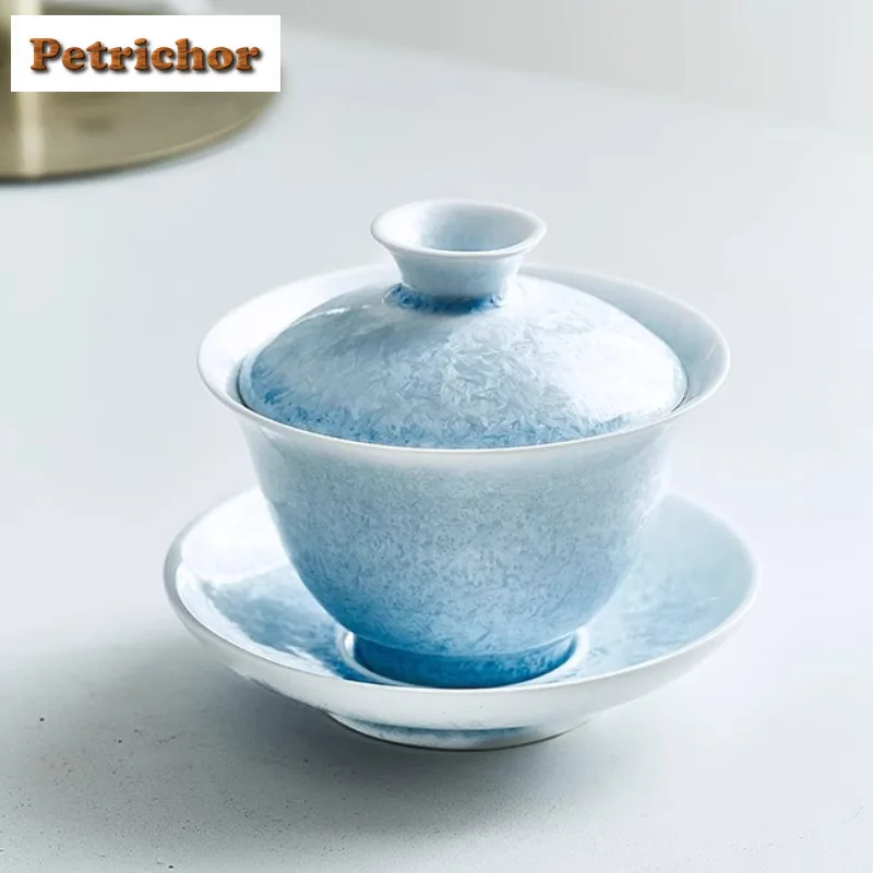 

120ml Kiln Change Glaze Crystal Blue Ice Three-Talent Covered Bowl Household Kung Fu Tea Set Ceramic Single High-End