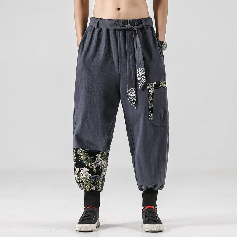 Japanese Kimono Men Cotton Linen Print Belt Retro Harem Pants Baggy Trousers Harajuku Hip Hop Sweatpants Big Size 5XL