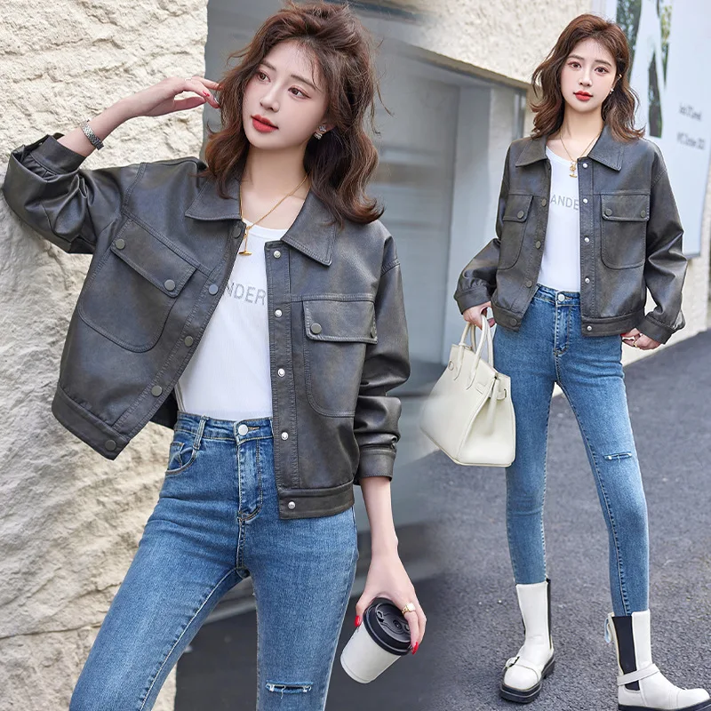 trend leather jacket short jacket for women in spring 2024, new western-style design, sheep leather jacket top