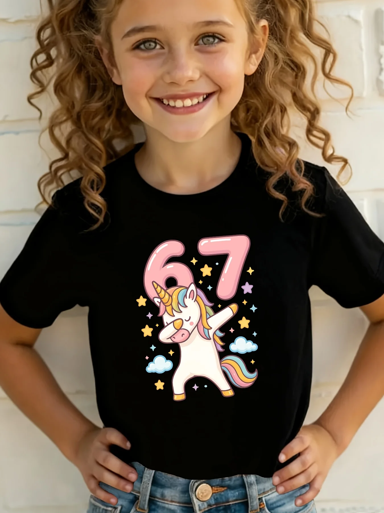 Dabbing Rainbow Unicorn Number 67 Star Cloud Print Family Matching Cotton Tees Short Sleeve Tops For Mom Dad Boys Girls Daily We
