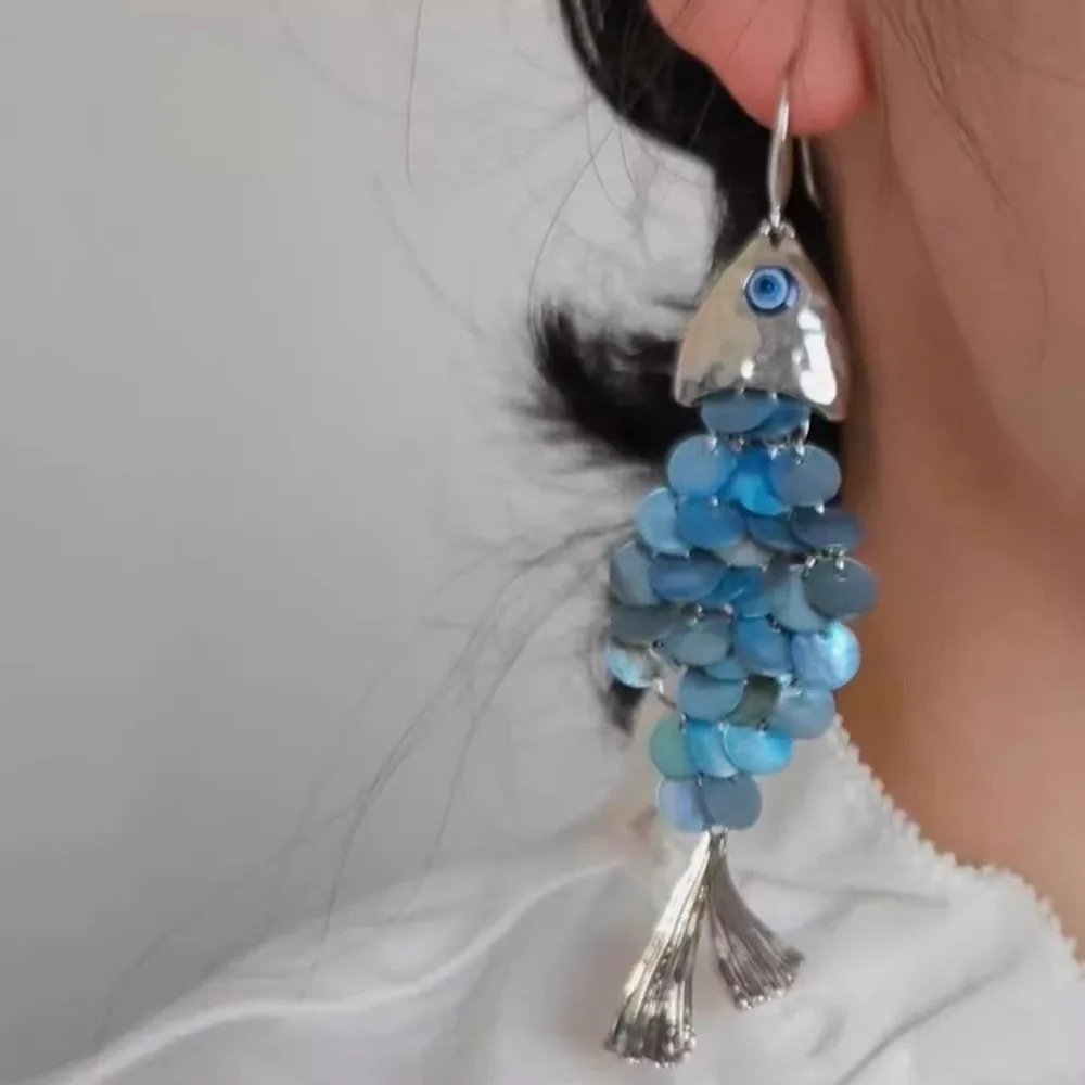 Retro Personality Fish-shaped Earrings Scaly Elegant Imitation Shell Tassel Earrings Alloy Ear Hook Design Dangle Earrings Party