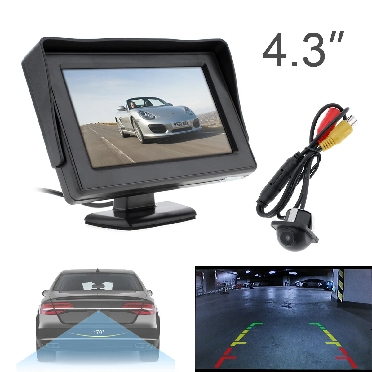 4.3 Inch HD 480 x 234 Resolution 2 Channel Video Input TFT LCD Car Monitor + 170 Wide Angle 420 TV Lines Car Rear View Camera