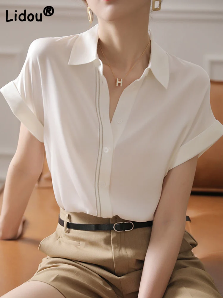 

Summer Solid Color Chiffon Fashion Woman Blouses 2022 Short Sleeve Turn-down Tops Collar Button Loose Vintage Office Lady Shirts