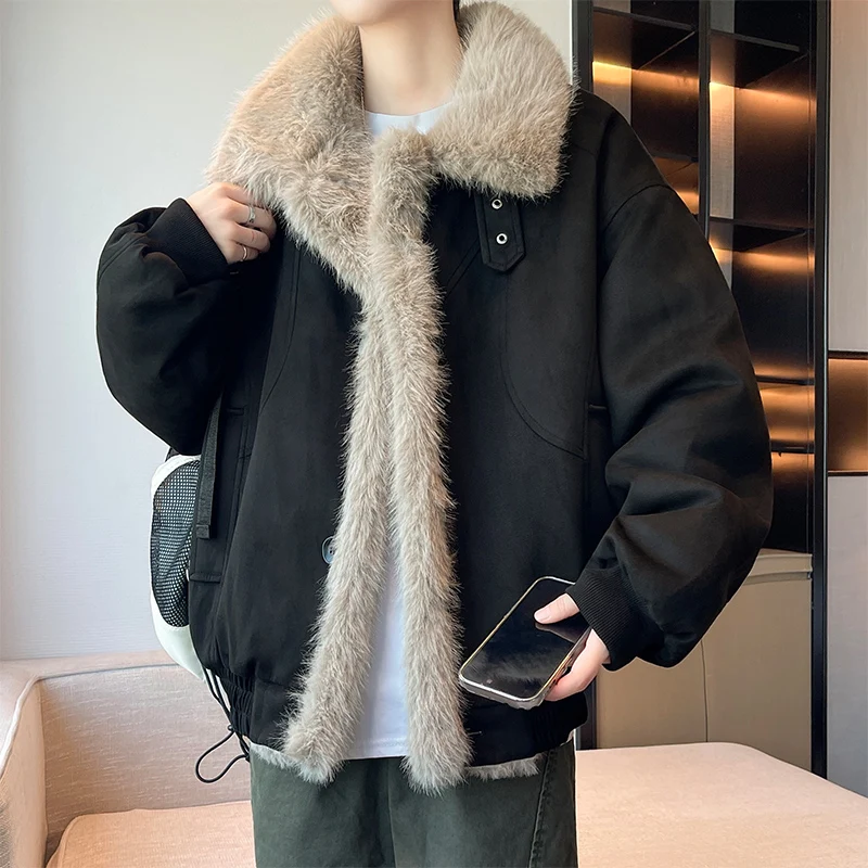 

Fashion Men's Fur Collar Warm Cotton-Padded Jackets 2025 Winter Youth Single Breasted Thicken Coats Streetwear Windproof Parkas
