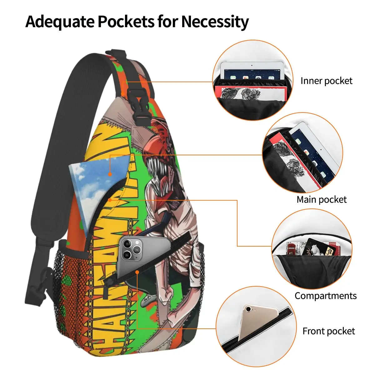 Motosserra Anime Crossbody Sling Bag para homens, bolsa de peito pequena mochila de ombro para caminhadas, bolsa de esportes ao ar livre