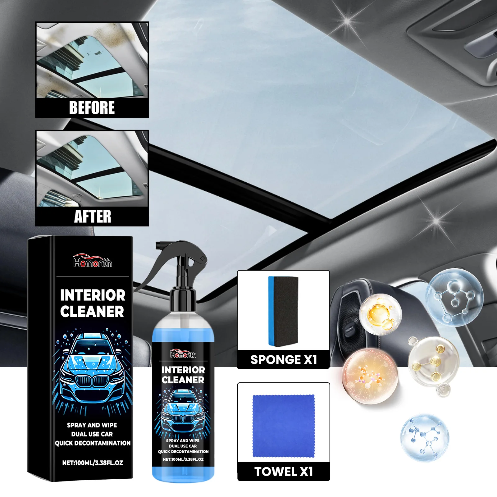 Homonth-Spray de limpieza de techo de coche, limpiador de cuero Interior de coche, limpiador potente de techo multifuncional, mantenimiento Interior
