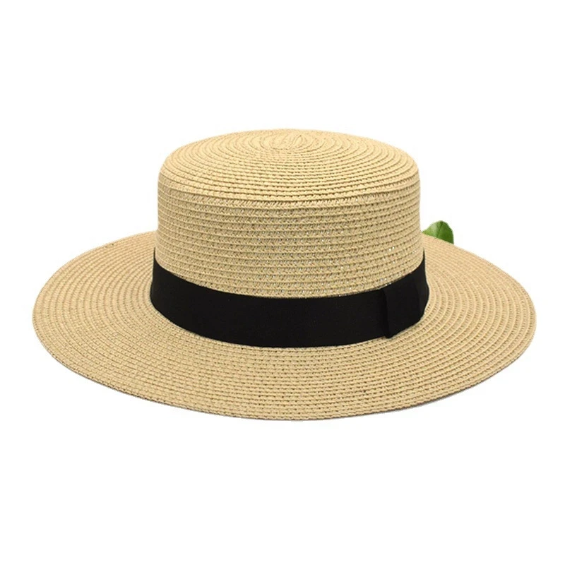 Sommer Sonnenschutz Strand Strohhut mit flacher Krempe Stroh gewebter Sonnenschutzhut Strandhut mit breiter Krempe – Detail 4