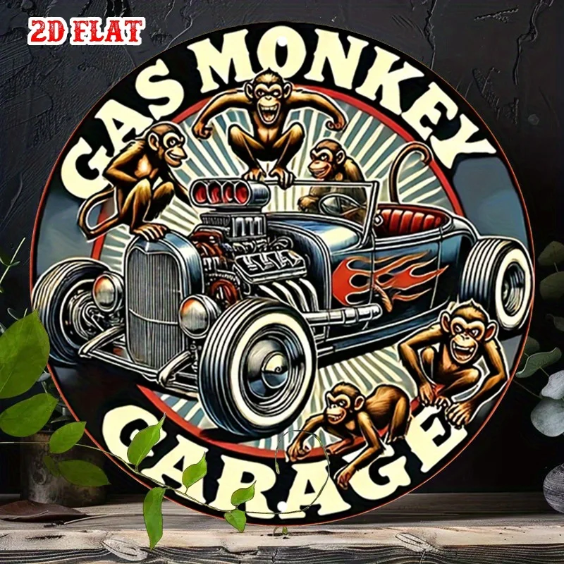 1 Piece Garage Humor Metal Wall Art - Vintage Hot Rod Car & Monkey Garage Art in Red/Black/Blue - Man Cave, Auto Shop, Bar
