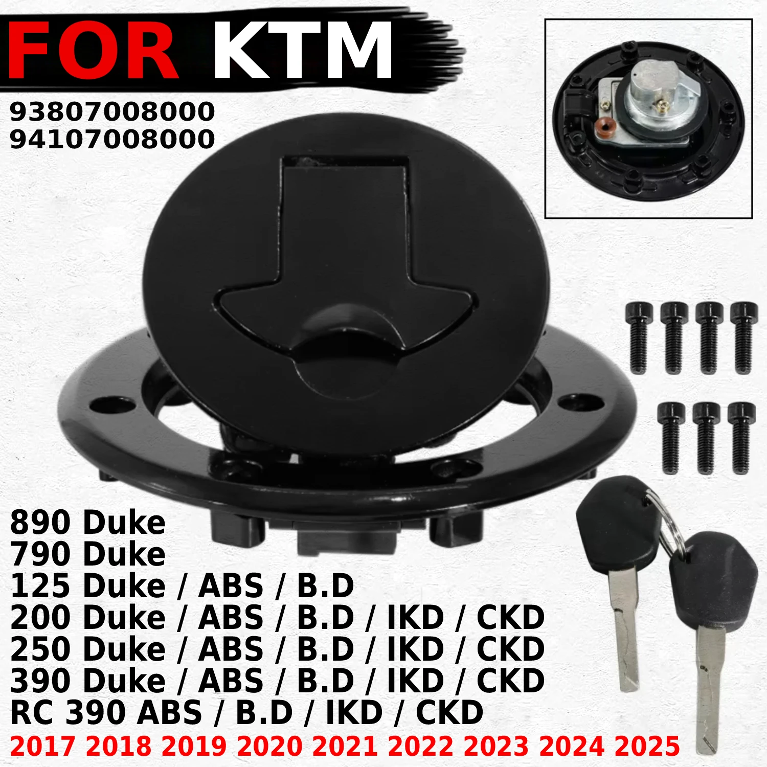 Fuel Gas Cap With Cover Key Tank for KTM 125 200 250 390 790 890 RC ABS B.D IKD CKD 2018-2024 Years OEM:93807008000 94107008000