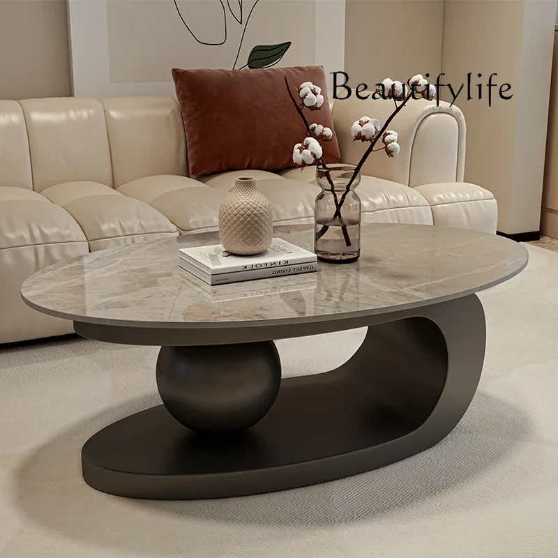 Black high-end light luxury rock slab oval coffee table small apartment modern simple, minimalist living room