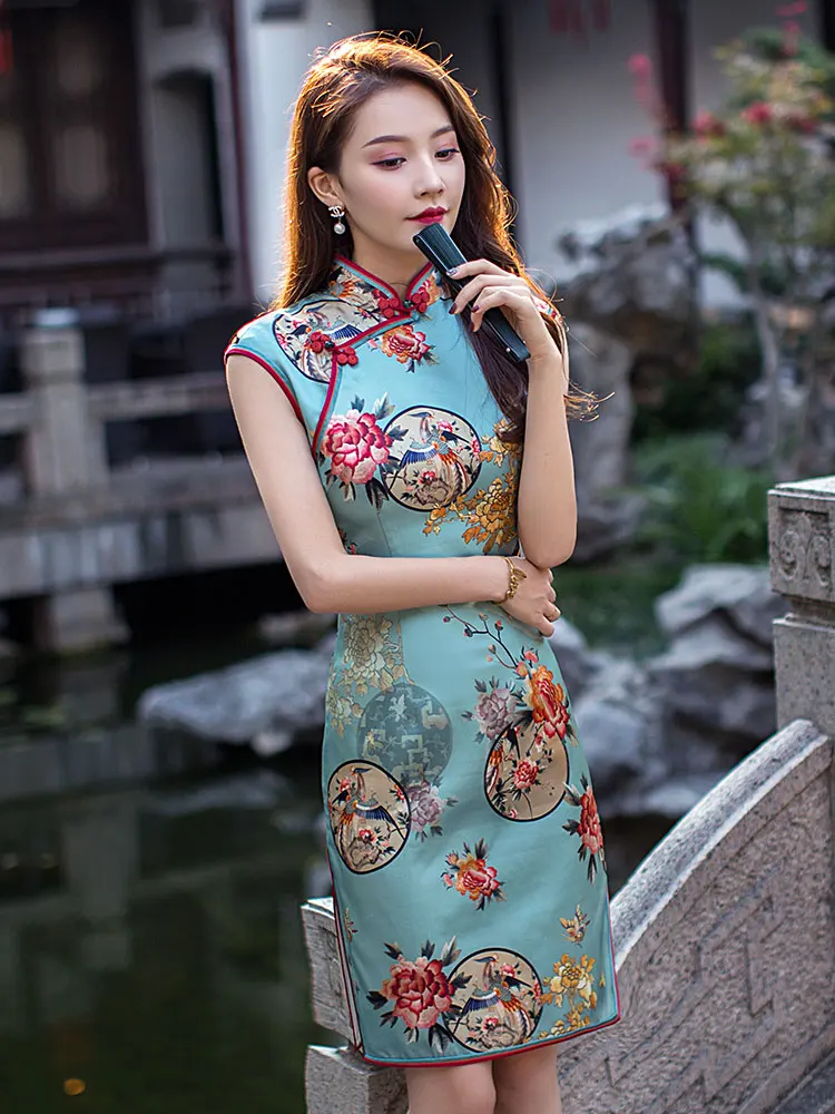 

Шелковое платье-ципао премиум-класса с узором Dr Phoenix, винтажное, облегающее, с подолом-руликом от Po Faion