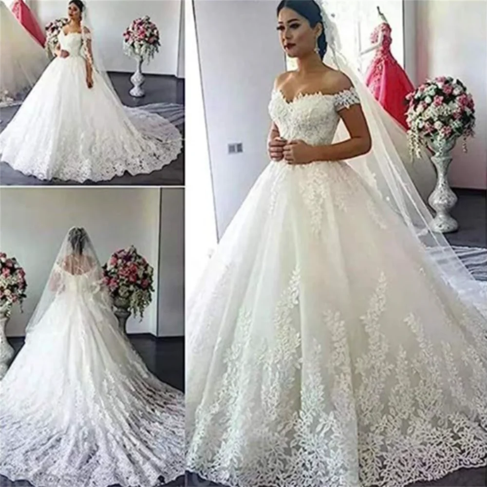 Luxury Princess Elegant Wedding Dresses For Woman Applique Lace Off Shoulder Sexy V Neck  Bride Gowns Customized 034