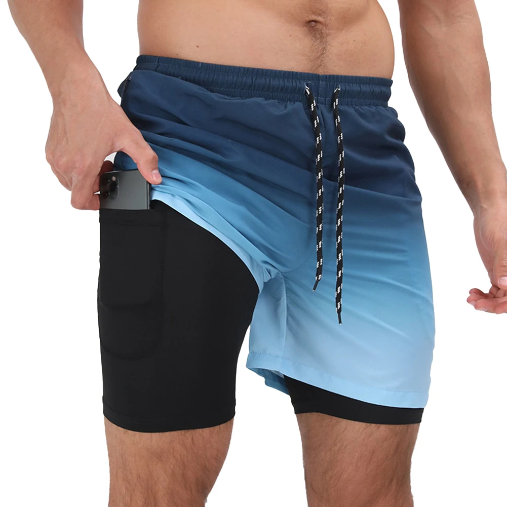 B 男性ランニングショーツ服ダブルデッキスポーツウェア 2 で 1 デザイン通気性夏ショーツ快適なカジュアルウェア