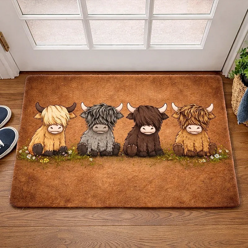 Cute Highland Cows Doormat Farmhouse Floral Print Front Door Mat Indoor Entry Rug Home Entrance Decor Washable Floor Mat