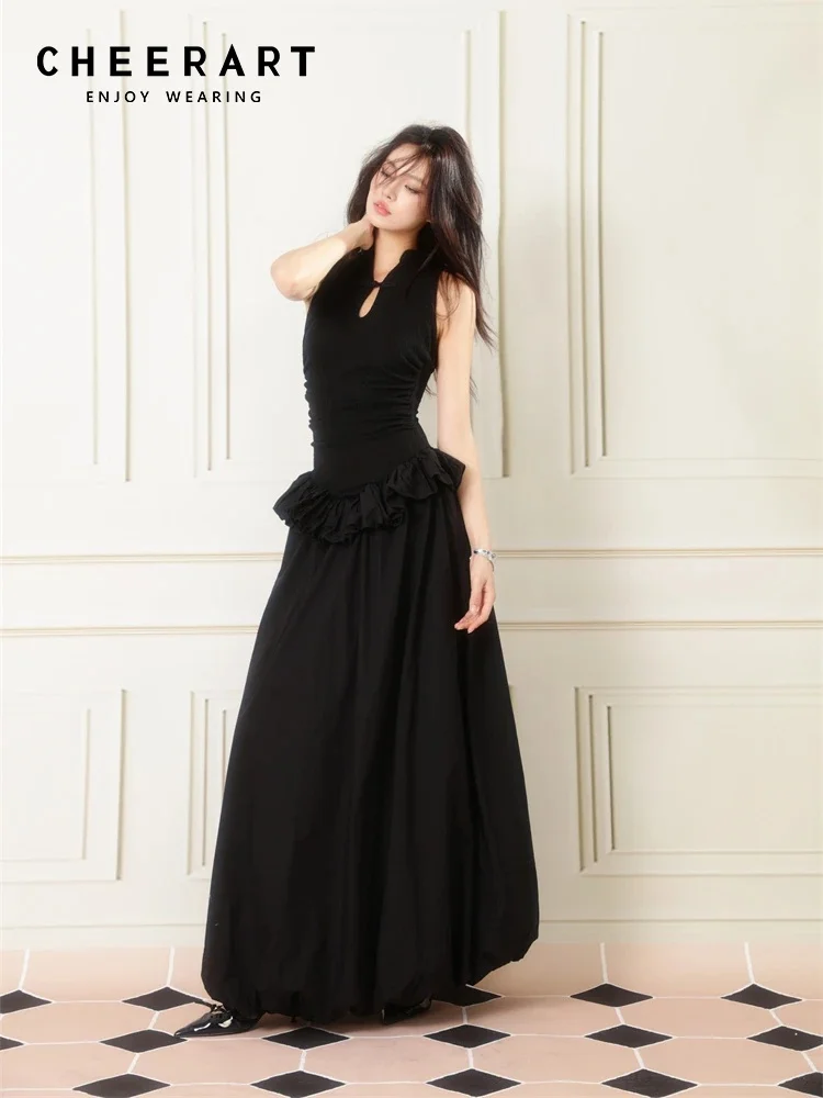 

CHEERART Black Sleeveless Summer Long Dresses 2024 Women Elegant Ball Gown Evening Stand Collar Midi Dress