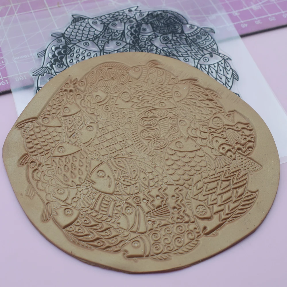 Clay Stamp Texture Emboss Sheet Ceramic Pottery Polymer Clay Cute Fish Pattern Impression Template Designer DIY Art