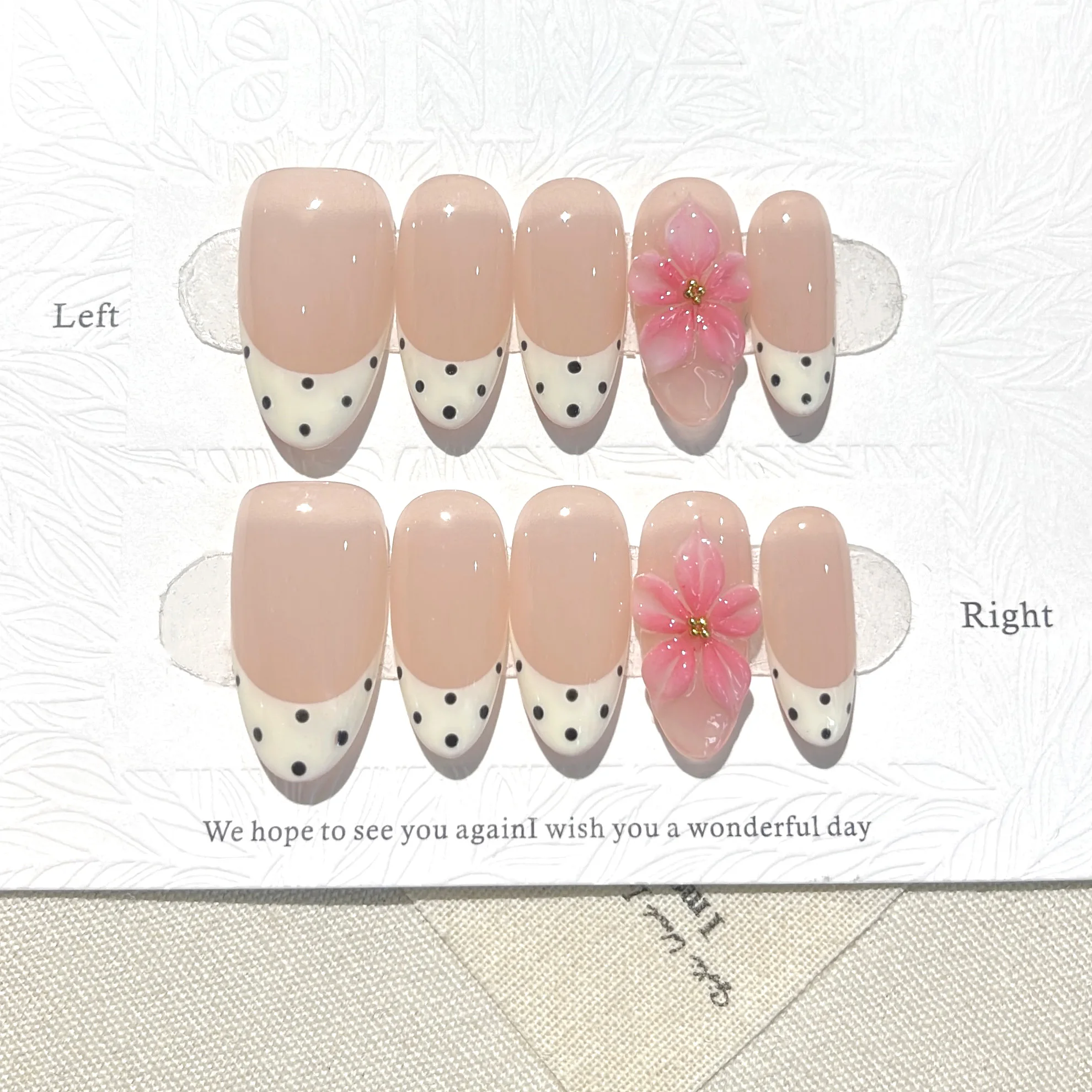 10PCS Original Handcrafted Nude Square Press On Nails, 3D Pink Flower White Polka Dot French Artificial False Nails