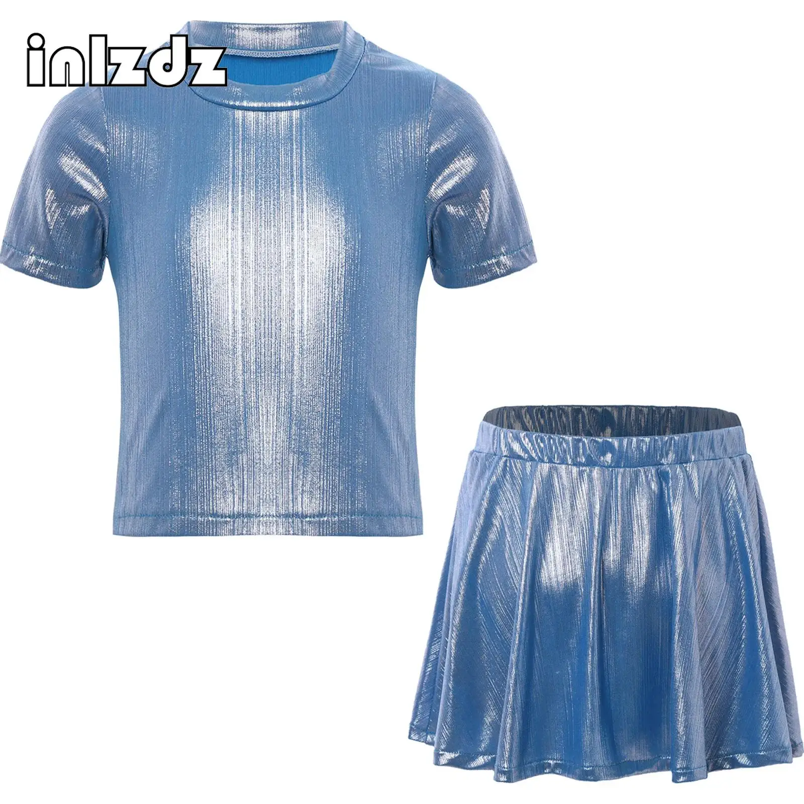 

Kids Girls Hip Hop Jazz Street Dance Outfit Metallic Crop Top with Shimmery Ruffled Skirt for Cheerleading Stage Performance