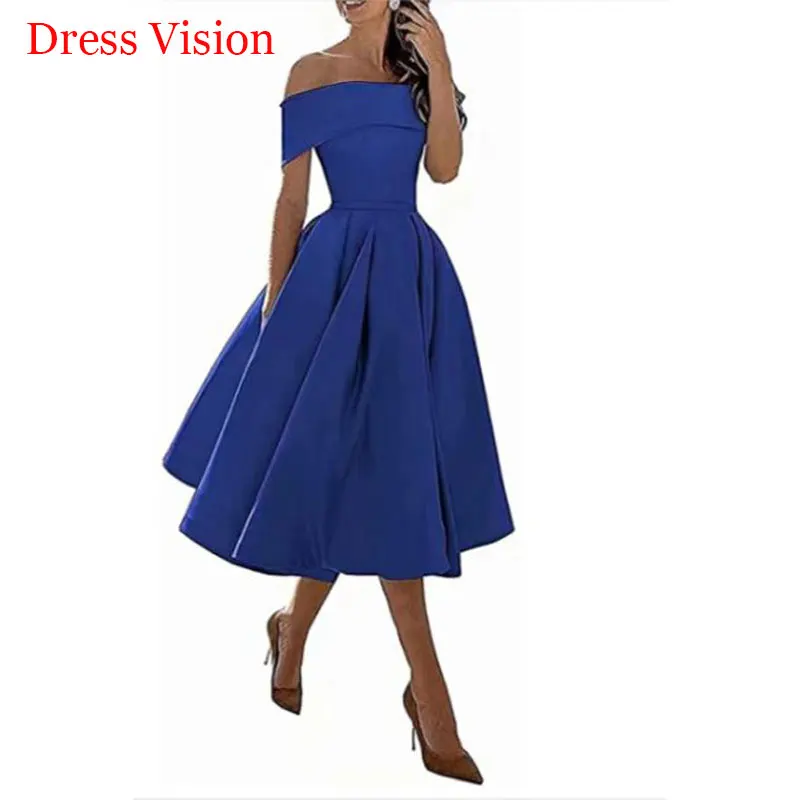 

Robe Simple Satin Off The Shoulder Prom Dresses Tea Length Robes De Soirée Royal Blue Sky Blue Customized Colors Evening Dress