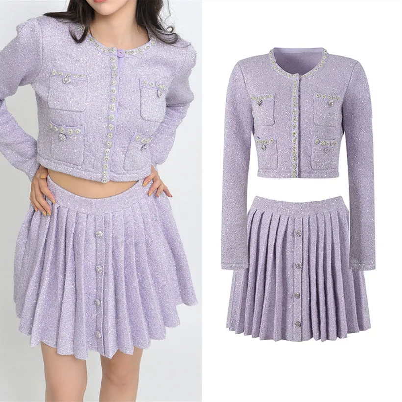 

Высококачественная версия Luxury Sensation ort Вязаный джет с жемчужной отделкой Балетная плиссированная юбка Комплект Ele Purple